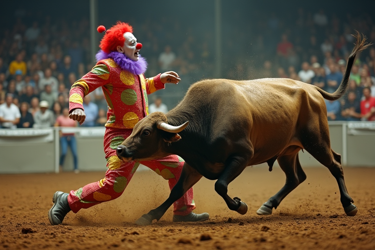 Image of a clown on a rodeo bull